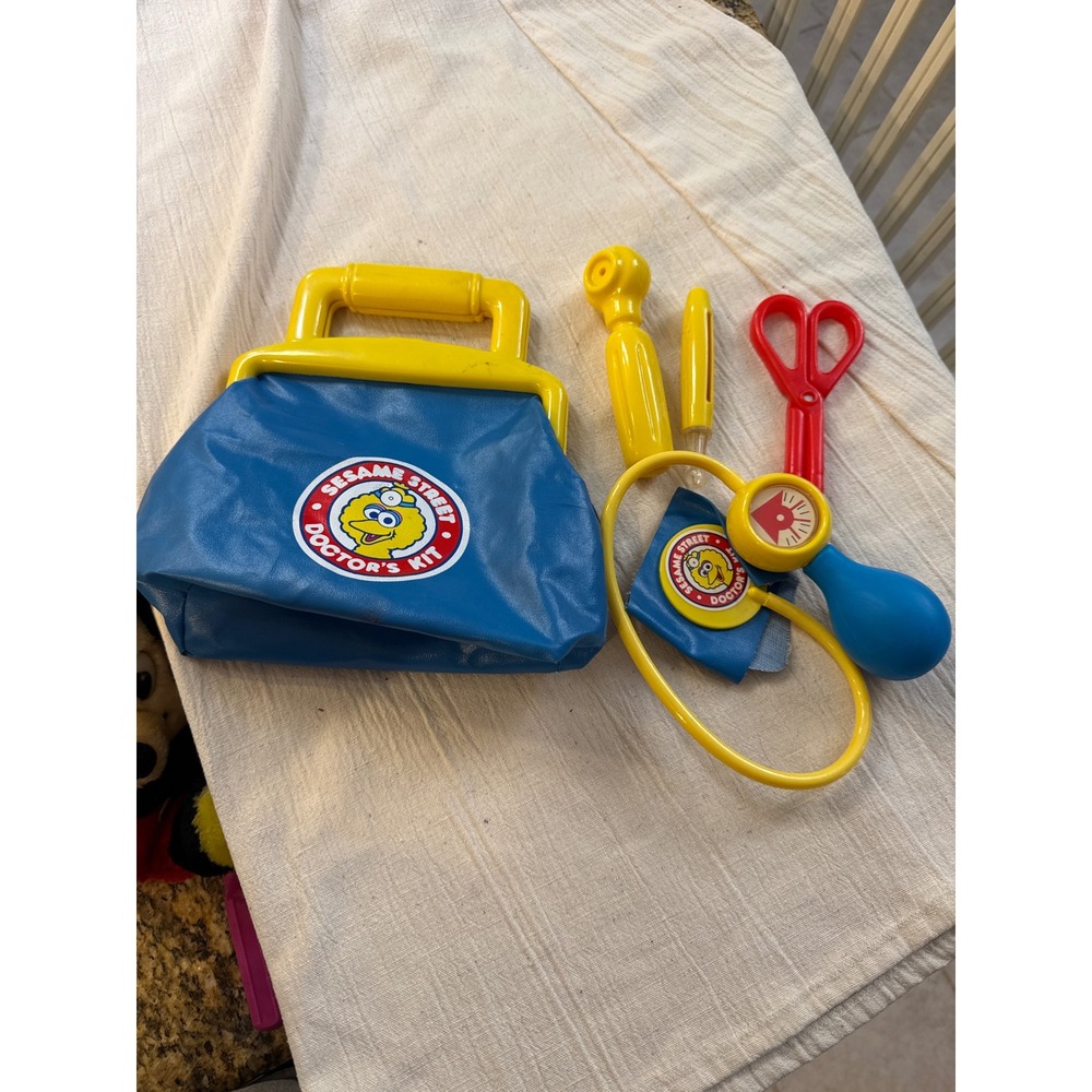 Vintage Sesame Street Doctors Kit Big Bird Blue Bag Medical Toy Set 90s Retro